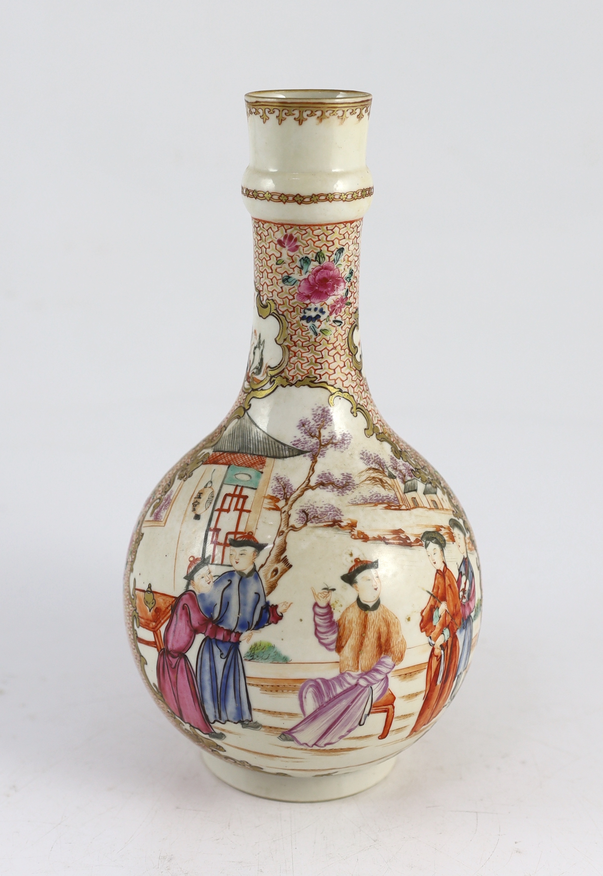 A Chinese enamelled porcelain Mandarin pattern water bottle (guglet) and basin, Qianlong period